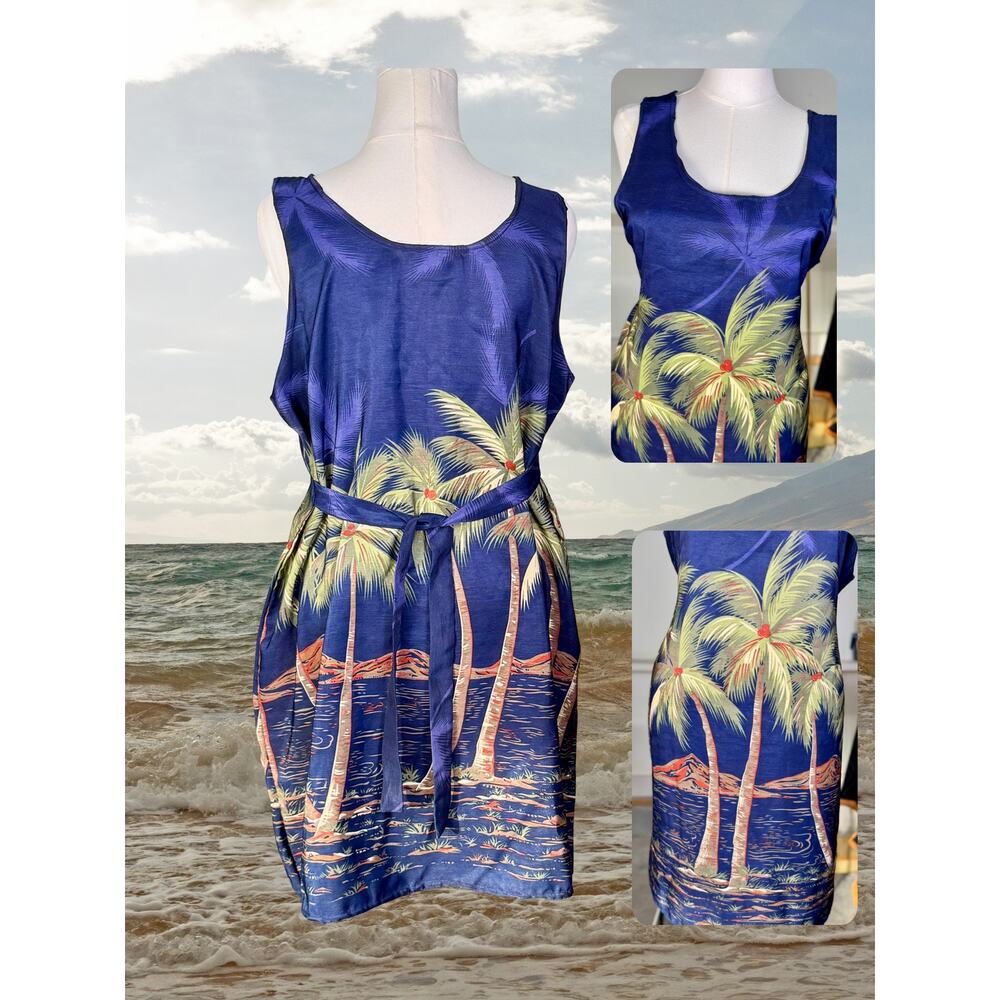 Vintage 80s Looking Good Tank Scoop Neck Hawaiian Palms A-Line Swing Dress XL